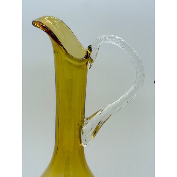 Vtg. Lot of 3 Amber/Gold Hand Blown Glass Lg Ewer w/applied Clear Handle & 2 Vas - Picture 8 of 11